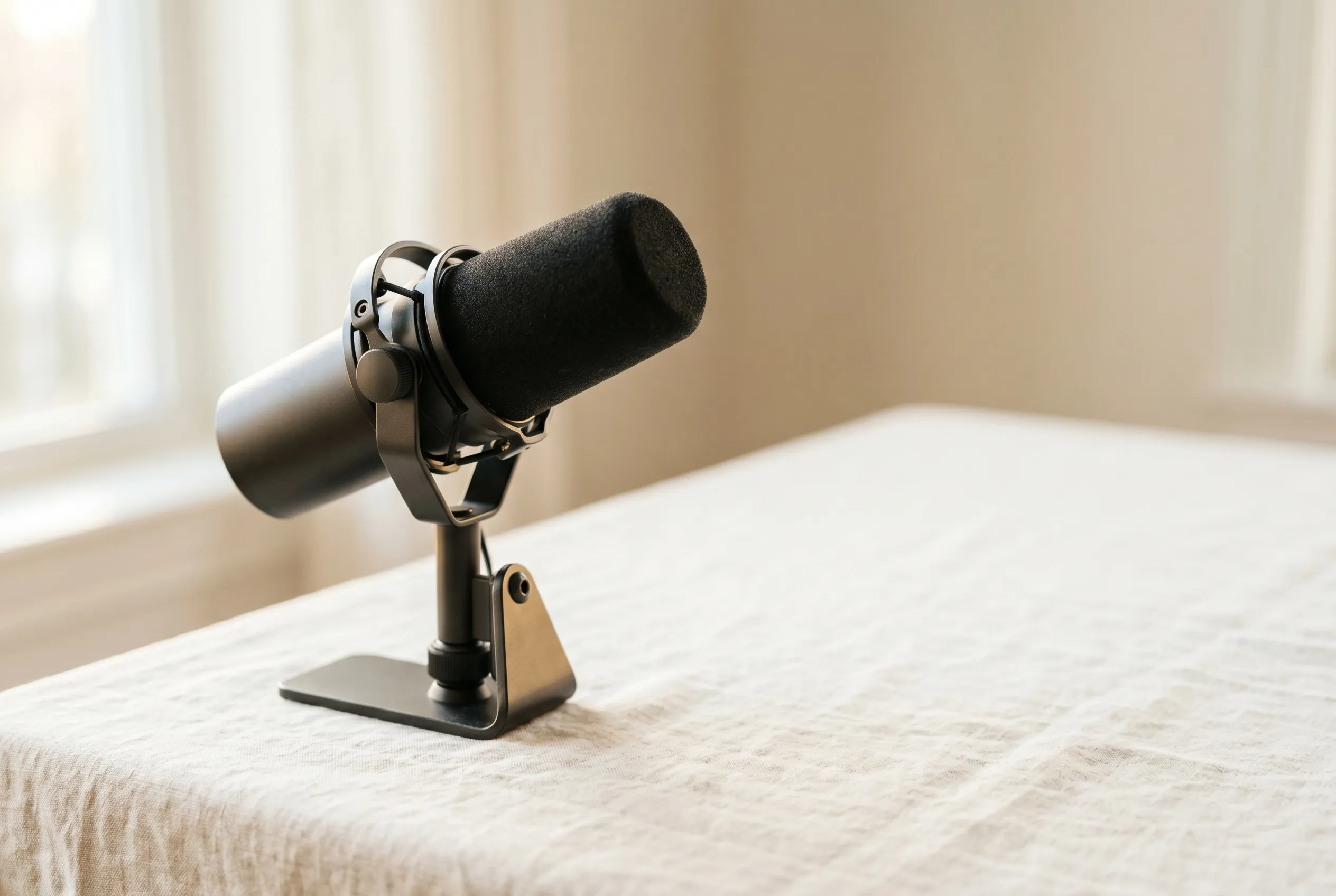 Studio microphone on a warm linen surface