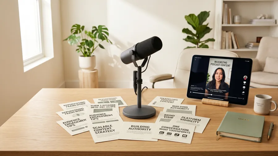 A single 30-minute conversation can produce 30-plus pieces of content. Here is the exact breakdown of what one episode becomes and why it compounds.
